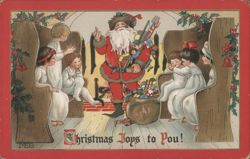 Santa Claus with Children and Toys, Christmas Joys to You! Postcard