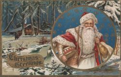 Christmas Greetings Santa Claus with Drum in Snowy Forest Scene Postcard