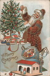 A Merry Christmas Santa Claus Decorating Tree with Toys Postcard