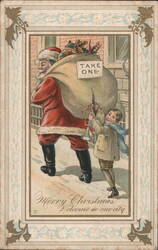 Santa Claus with Sack of Toys & Boy with Horn, "Take One" Sign Postcard