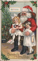 Santa Claus with Two Girls and Christmas Tree, Christmas Greetings Postcard