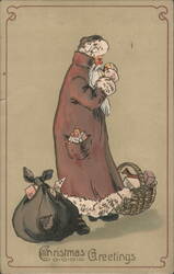 Christmas Greetings Santa Claus Holding Baby with Sack of Toys and Gifts Postcard