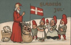 Danish Christmas with Santa Claus, Gnomes, and 'Glædelig Jul' Greeting Postcard