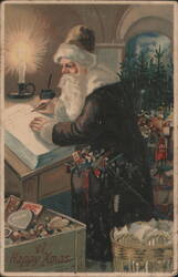 Santa Claus Writing Letters by Candlelight, A Happy Xmas Postcard