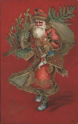 Santa Claus with Christmas Tree & Sack of Toys, A Merry Christmas Postcard