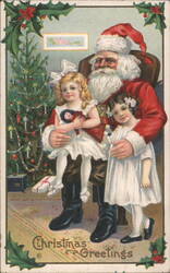 Santa Claus with Two Girls, Christmas Tree, Christmas Greetings Postcard