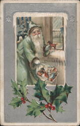 Santa Claus with Bag of Toys and Holly, A Merry Christmas Greeting Postcard
