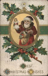 Santa Claus with Doll and Bag of Toys, Holly and Berries Postcard