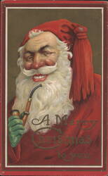 Santa Claus Winking, Smiling, Holding Pipe, "A Merry Christmas to you" Postcard