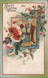 Santa Claus with Raised Arms by Fireplace, Christmas Stockings Postcard