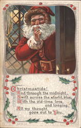 Santa Claus peeking with finger to lips and Christmas poem Postcard