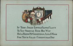 Jolly Santa Claus with Sack of Toys and Grandfather Clock Christmas Greeting Postcard