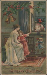 Woman & Girl with Santa Claus at Window, Christmas Scene Postcard