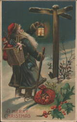Santa Claus with Lantern and Basket of Toys in Snow Postcard