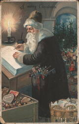 Santa Claus Writing List, Candlelight, Toys, and Christmas Tree Postcard