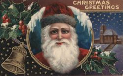 Santa Claus Portrait, Holly, Bell, Snowy Church, Christmas Greetings Postcard