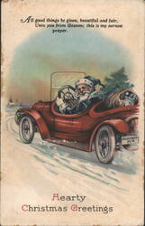 Santa Claus Driving Red Car in Snow with Gifts, Hearty Christmas Greetings Postcard