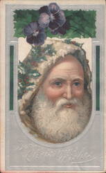 Santa Claus Portrait with Holly, Pansies, "Best Christmas Wishes" Postcard
