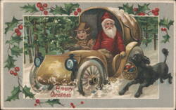 Santa Claus & Child Driving Car with Dog Helper, A Merry Christmas Postcard