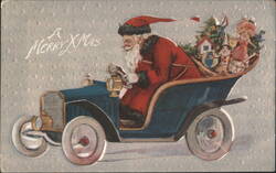 Santa Claus Driving Antique Car with Christmas Gifts Postcard