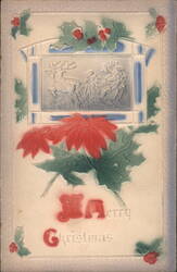 Embossed Christmas Card with Santa in Sleigh, Reindeer, Holly & Poinsettias Postcard