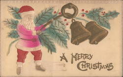 Santa Claus in Pink Suit with Bells and Holly, 'A Merry Christmas' Postcard