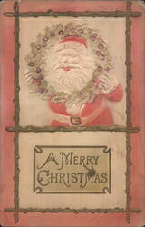 Santa Claus with Holly Wreath, A Merry Christmas Greeting Postcard