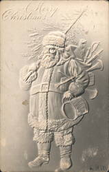 Embossed Santa Claus with Toys and Christmas Tree, A Merry Christmas Postcard
