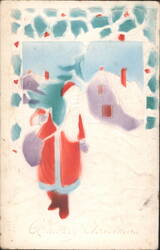 Santa Claus Walking in Snow with Sack, Merry Christmas Postcard