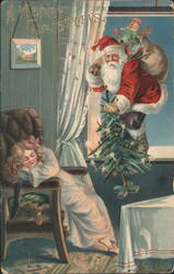 Santa Claus climbing window with Christmas tree, sleeping girl Postcard