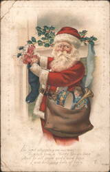 Santa Claus with Sack of Toys and Stocking, Merry Christmas Greeting Postcard