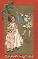 Santa Claus with Children and Christmas Stockings Postcard