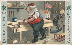 Santa Claus in Workshop Making Toys, Wishing You a Merry Xmas Postcard