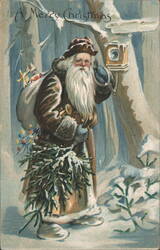 A Merry Christmas, Santa Claus in Snowy Woods with Toys Postcard
