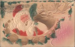 Santa Claus Kissing Reindeer with Bells and Holly, A Merry Christmas Postcard