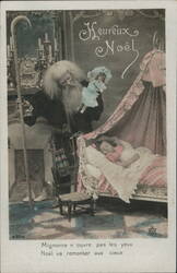 Heureux Noël: Santa Claus with Sleeping Child and Doll Postcard