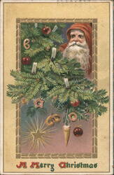 Santa Claus Peeking from Behind Decorated Christmas Tree, A Merry Christmas Postcard
