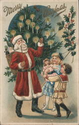 Santa Claus Lighting Christmas Tree with Children Postcard