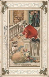 Santa Claus Giving Dog Biscuit to Dog, Children Watching Postcard