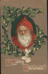 Santa Claus in Red Hood with Mistletoe Wreath, A Merry Christmas Postcard