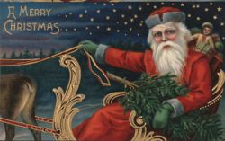 A Merry Christmas Santa Claus in Sleigh with Child and Reindeer Postcard