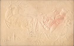 Embossed Santa Claus and Reindeer Sleigh Flying Over Village Postcard