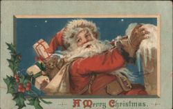 Santa Claus with Toys & Holly, 'A Merry Christmas' Greeting Postcard