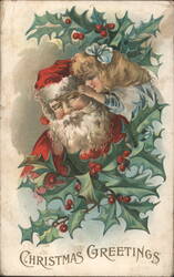 Santa Claus with Young Girl Whispering, Christmas Greetings Postcard