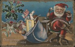 Santa Claus on Telephone with Holly & Toys, Christmas Greetings Postcard