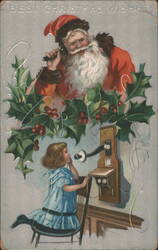 Santa Claus on Telephone with Girl, Best Christmas Wishes Postcard