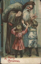 Santa Claus with Children at Christmas Door Postcard