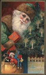 Santa Claus with Christmas Tree, Red Gift, and Sack of Toys Postcard