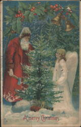 Santa Claus with Axe & Angel by Christmas Tree, "A merry Christmas" Postcard