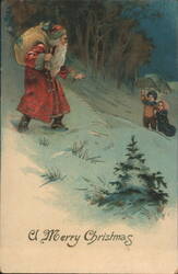Santa Claus in Snowy Landscape with Children Waving - A Merry Christmas Postcard